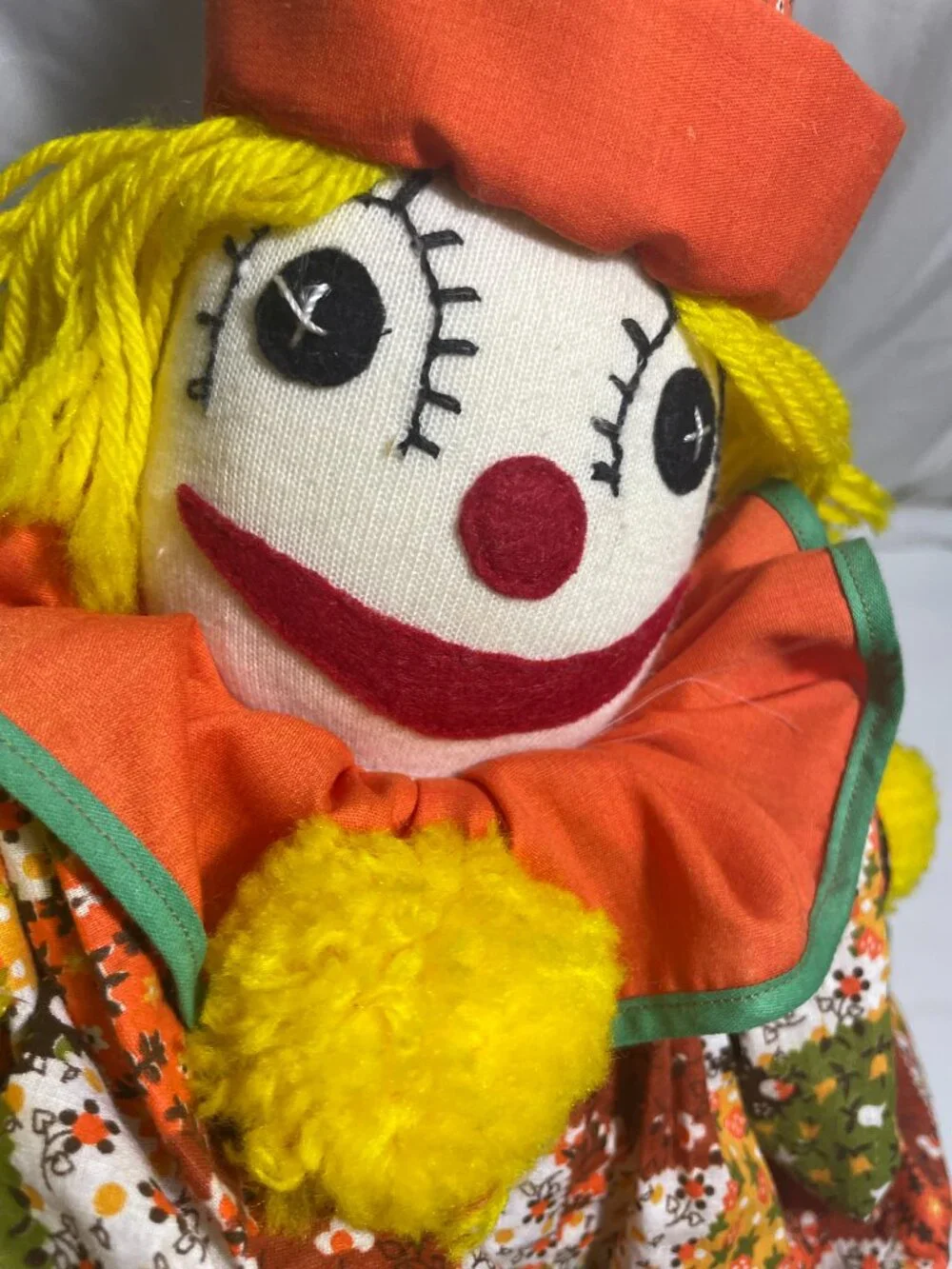 Vintage Handmade Rag Doll Clown Plush Stuffed Toy Yellow Yarn Hair Patchwork 20